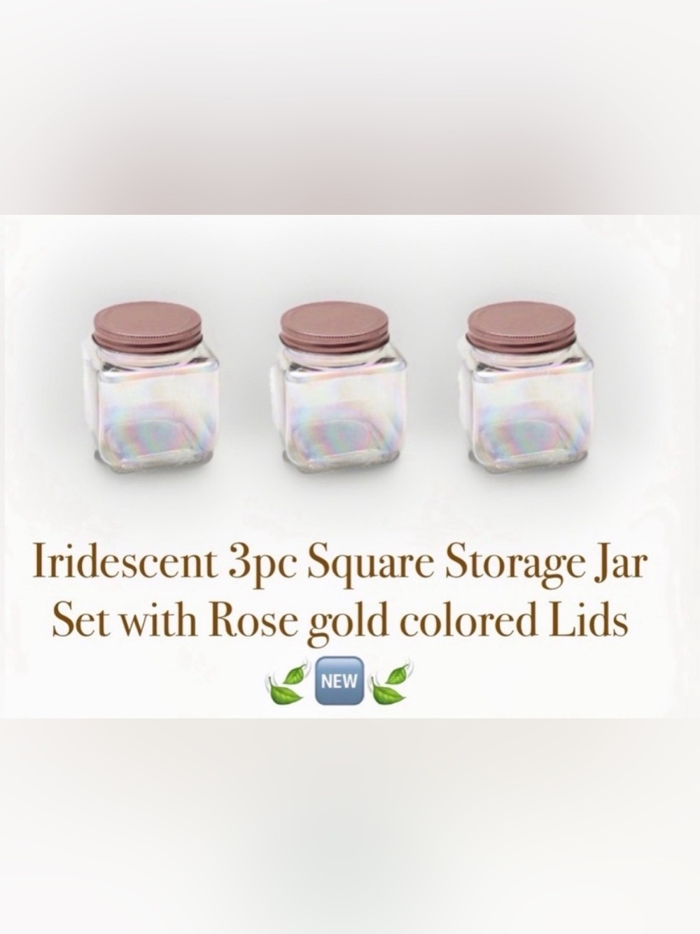 Square Iridescent glass jar with a rose gold lid Set of 3 ~New~
